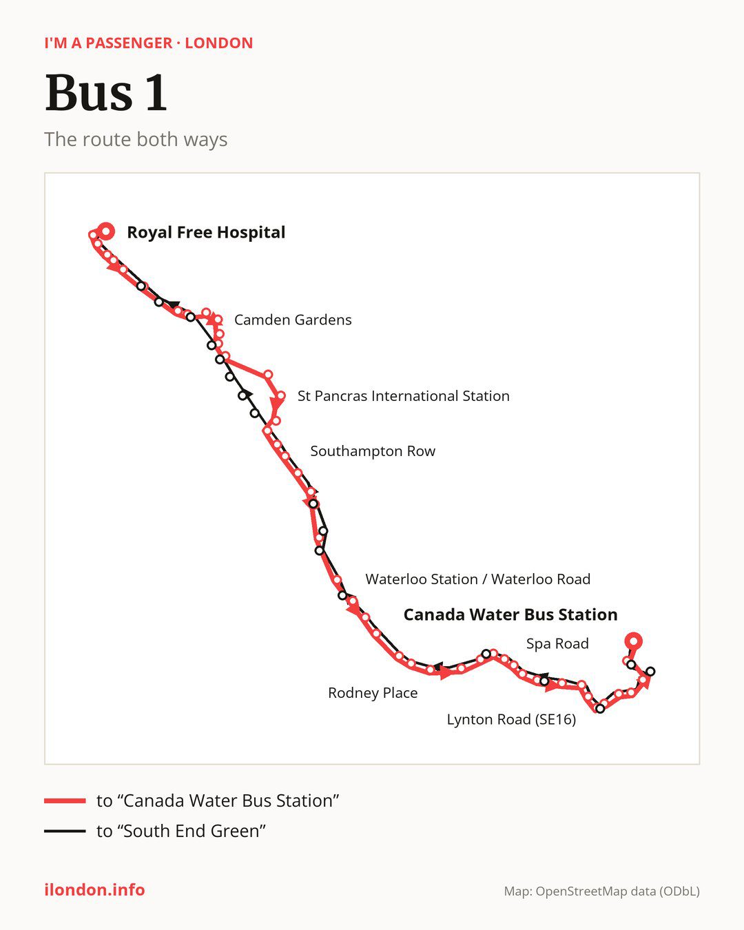 Bus route 1 in London on the map: the route both ways