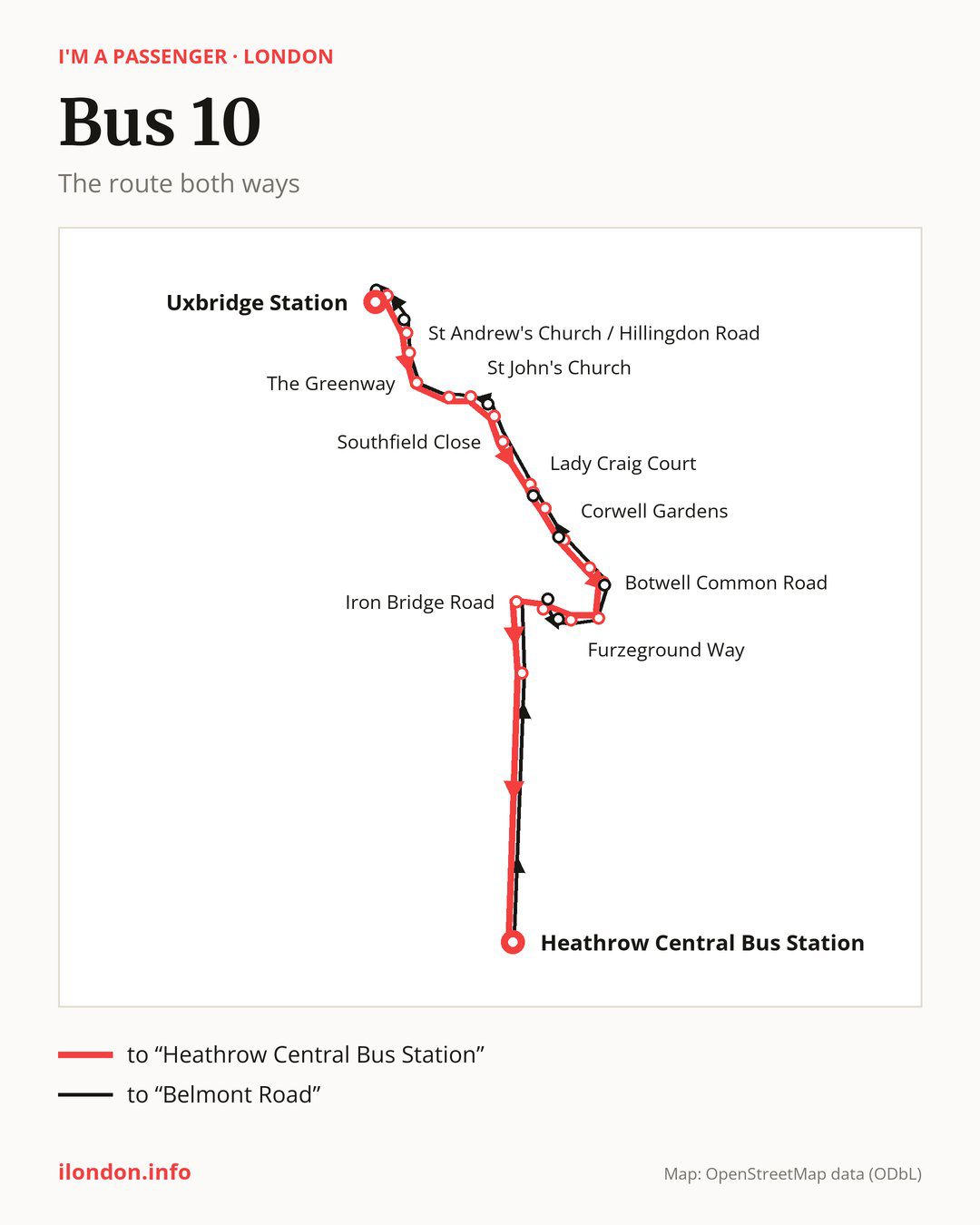 Bus route 10 in London on the map: the route both ways