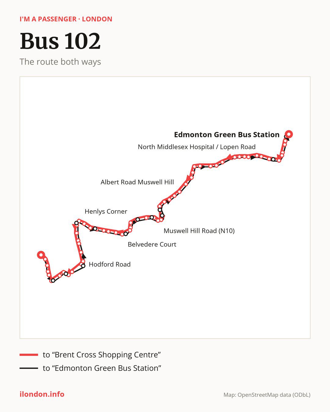 Bus route 102 in London on the map: the route both ways