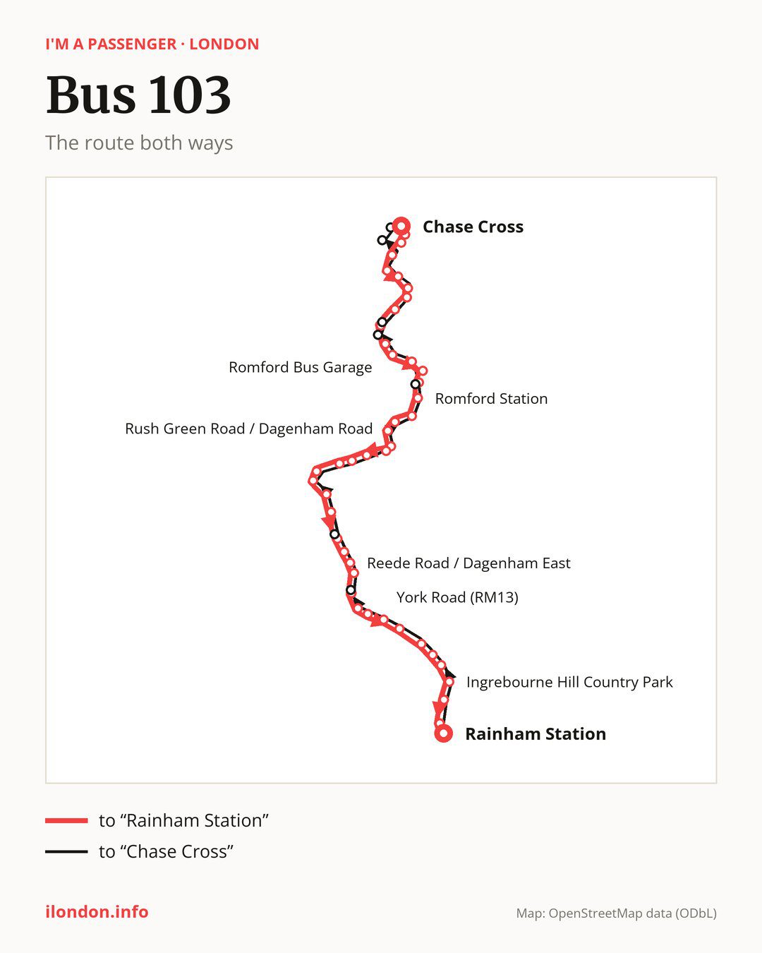 Bus route 103 in London on the map: the route both ways