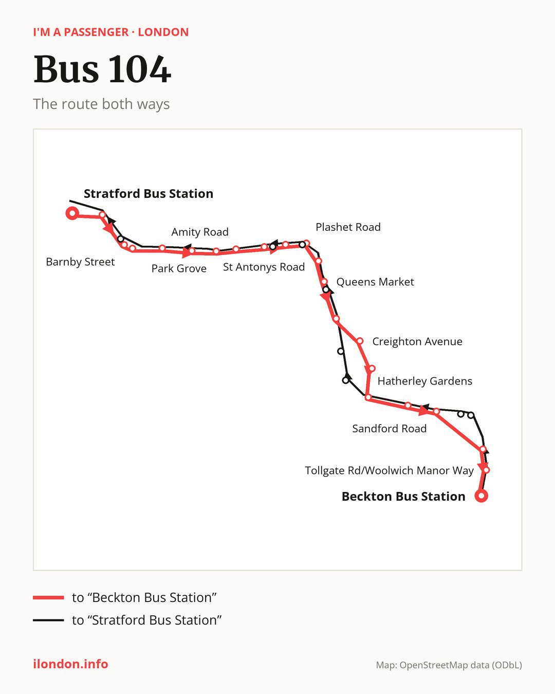 Bus route 104 in London on the map: the route both ways