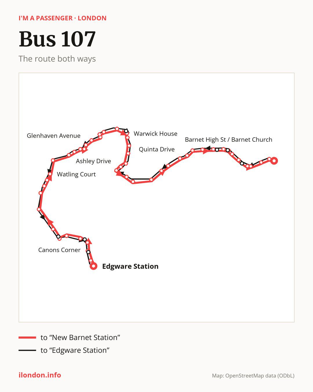 Bus route 107 in London on the map: the route both ways