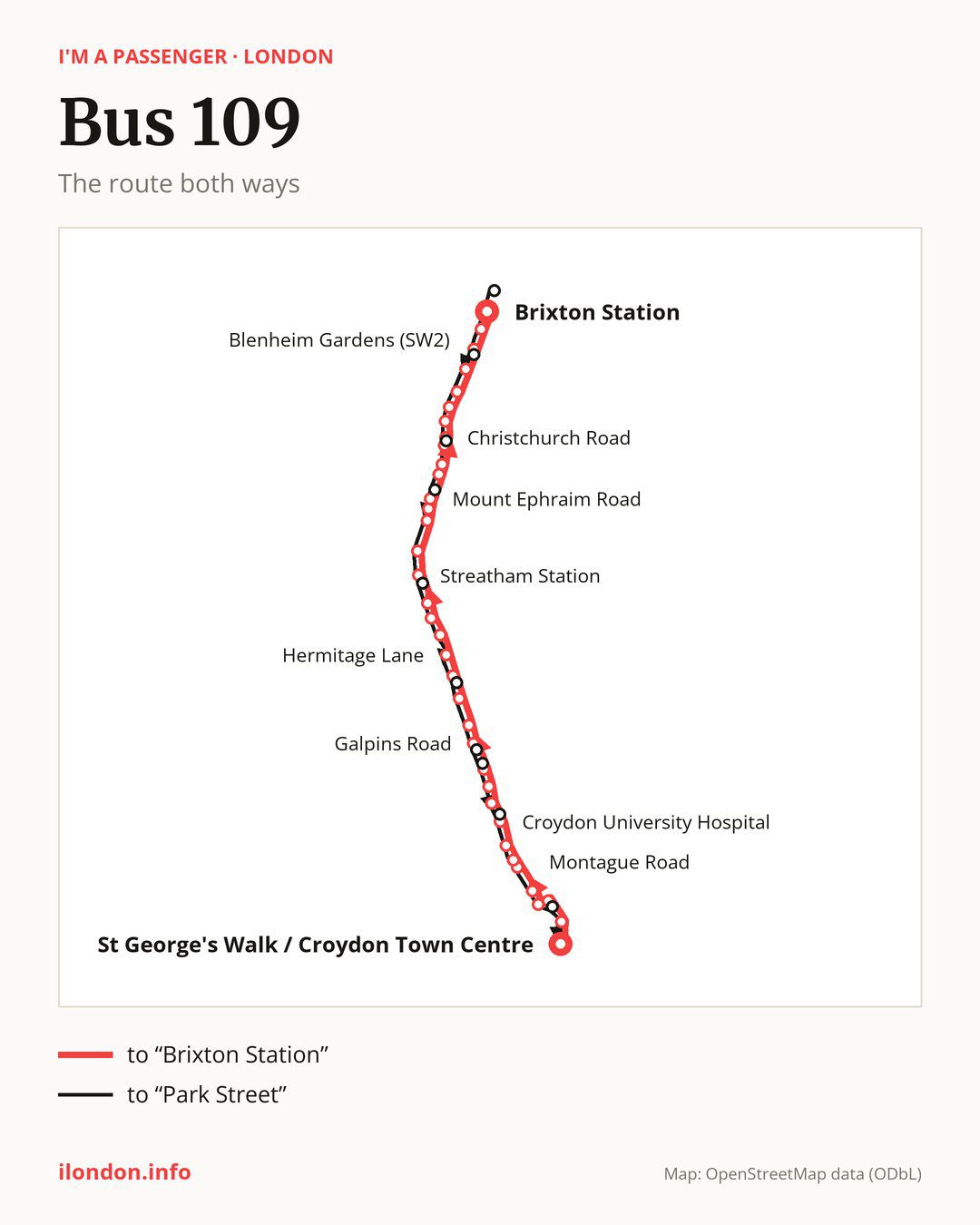 Bus route 109 in London on the map: the route both ways
