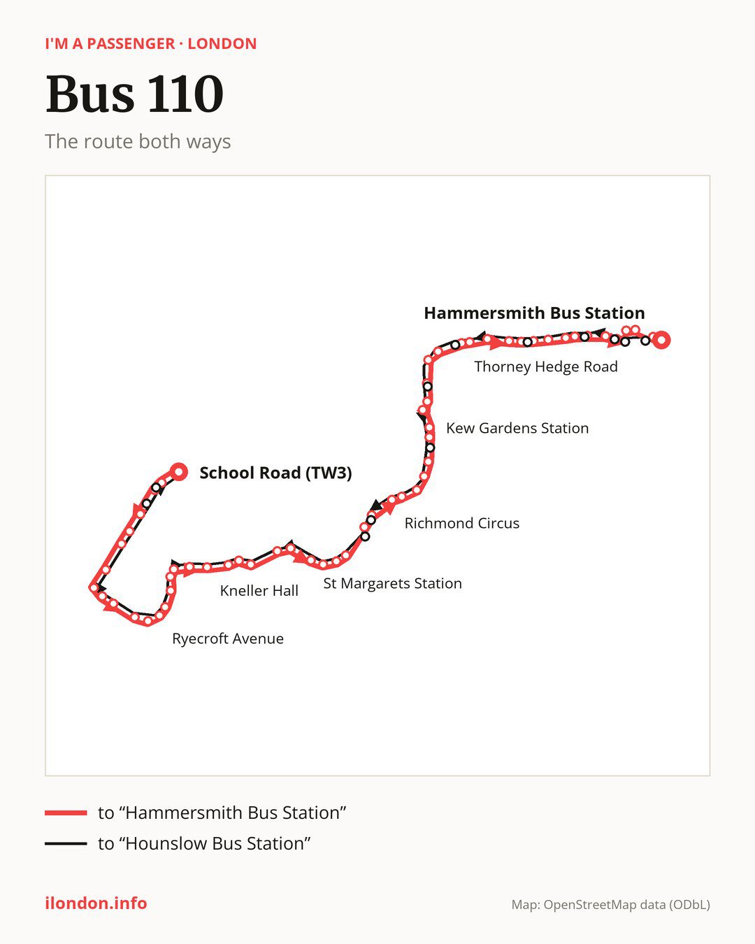Bus route 110 in London on the map: the route both ways