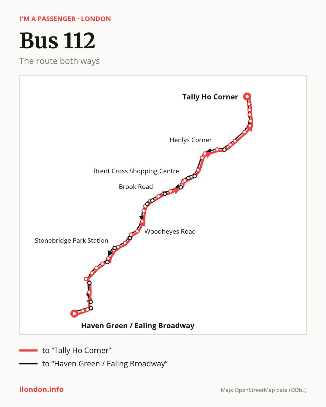 Bus route 112 in London on the map: the route both ways