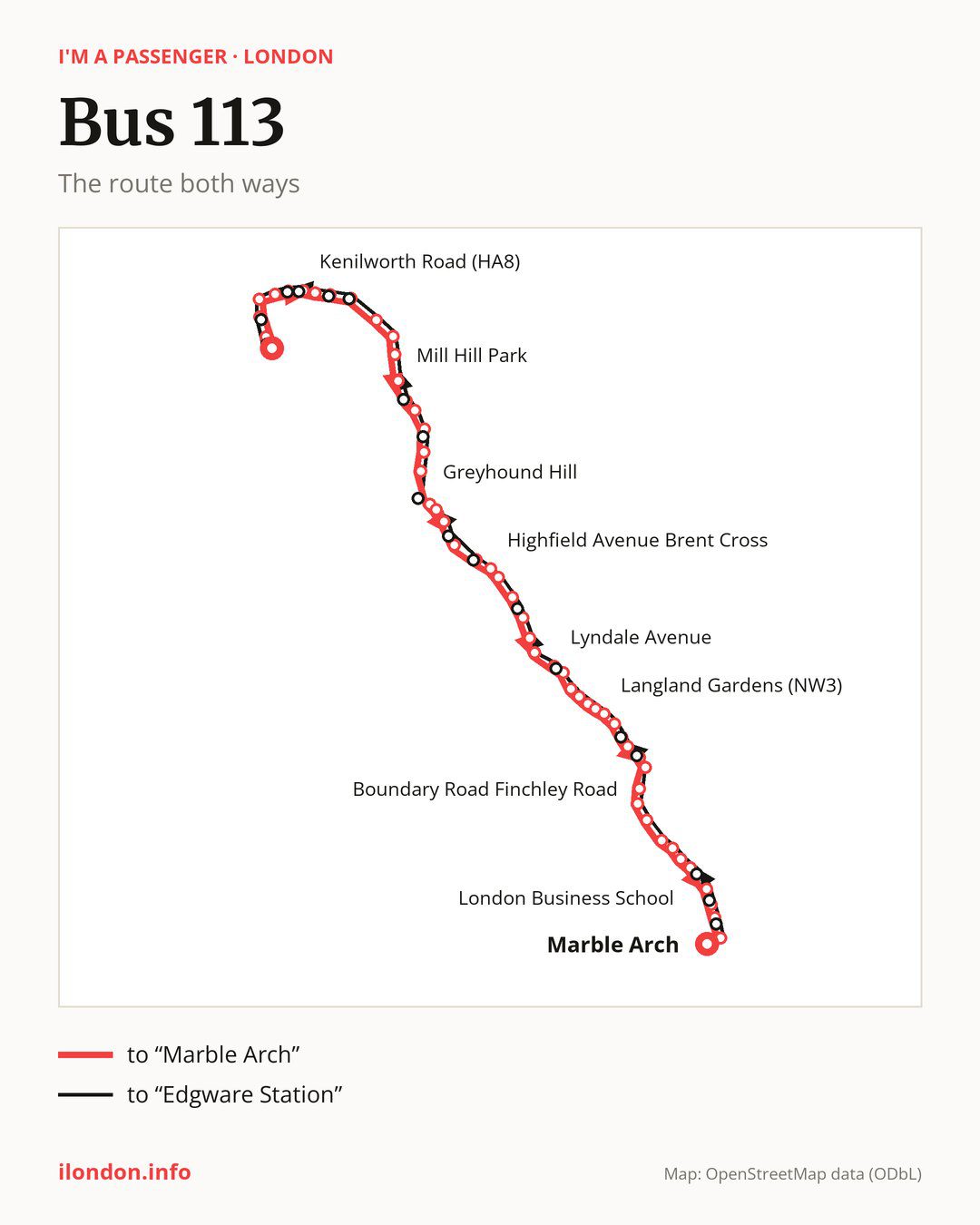 Bus route 113 in London on the map: the route both ways