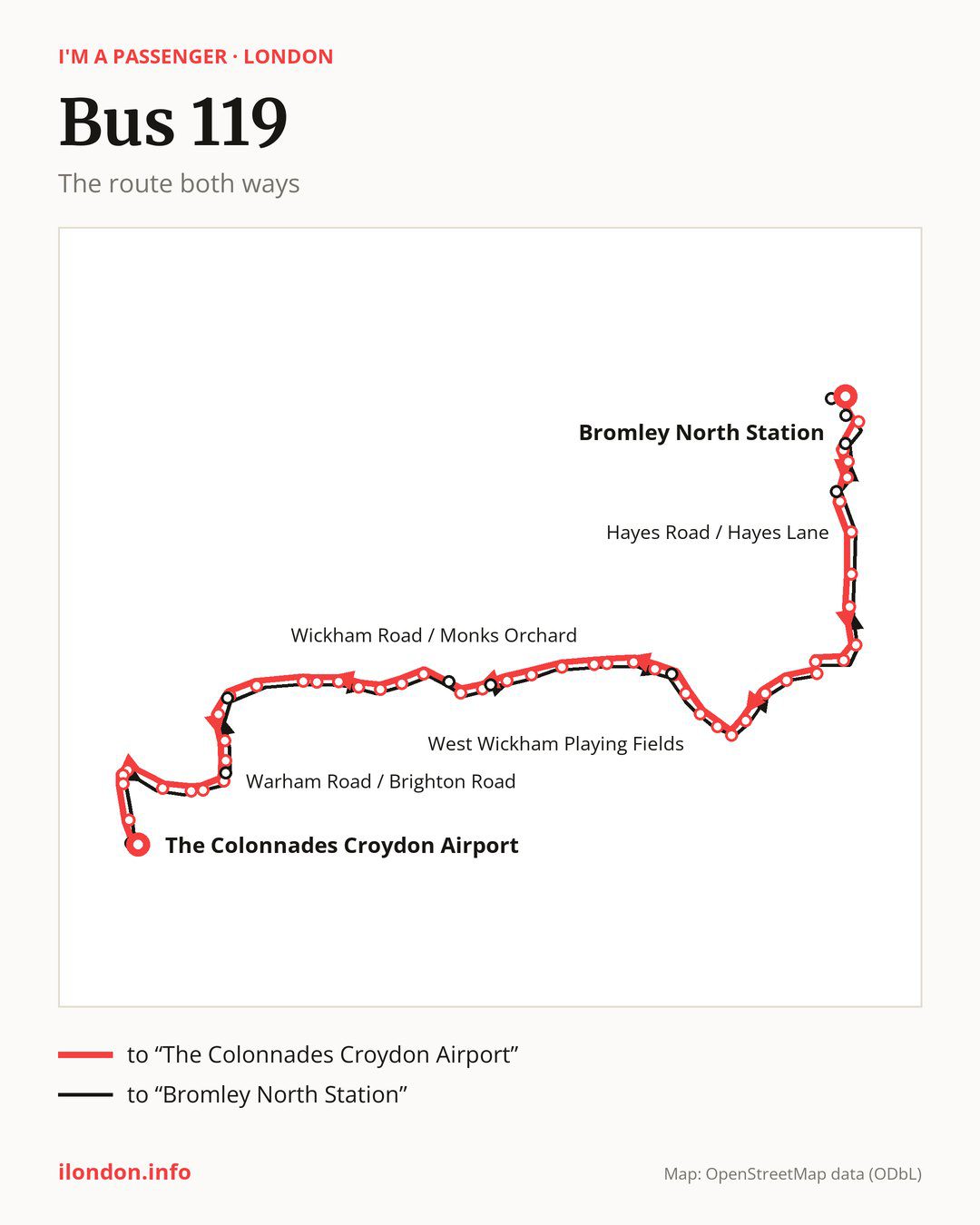 Bus route 119 in London on the map: the route both ways