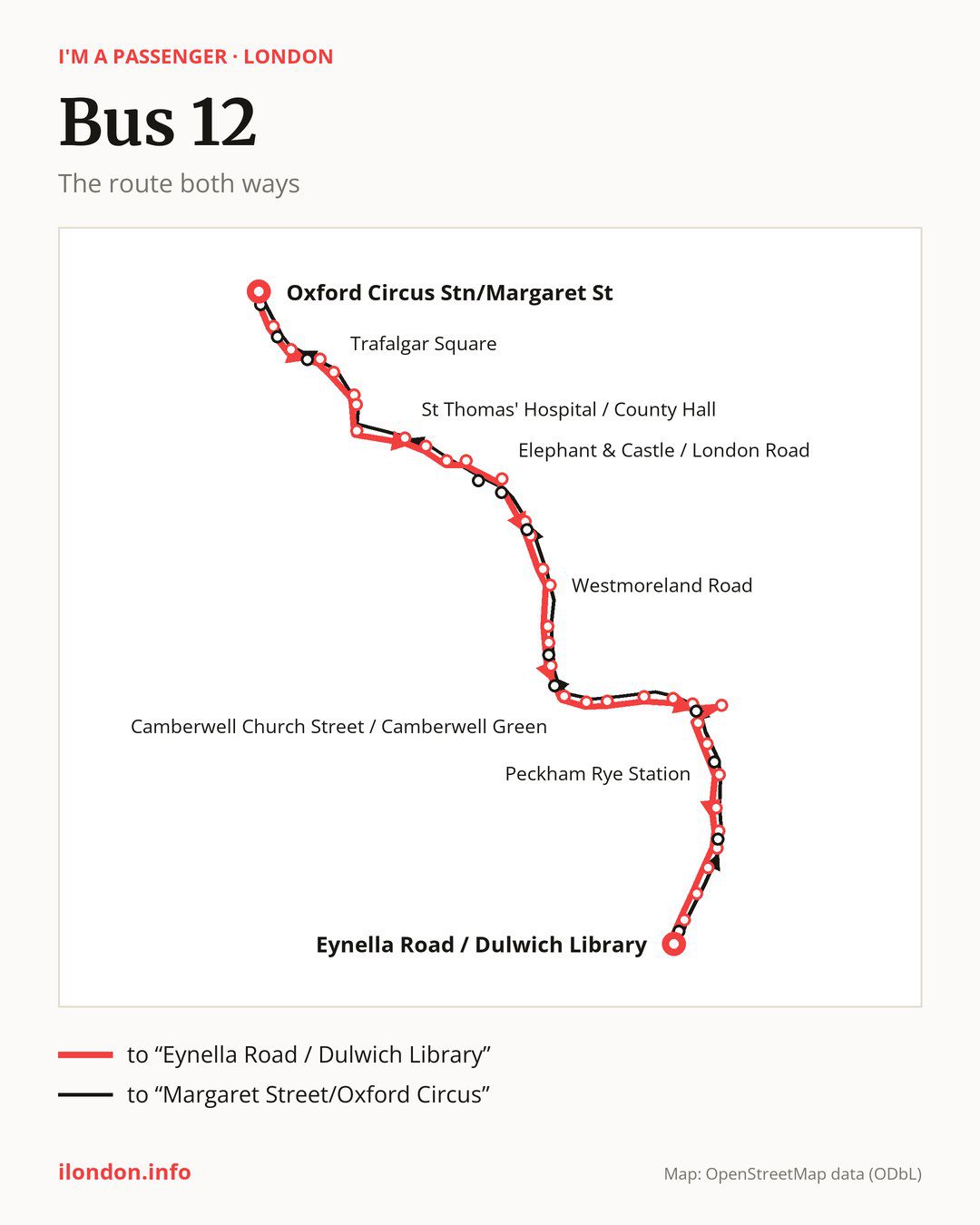 Bus route 12 in London on the map: the route both ways