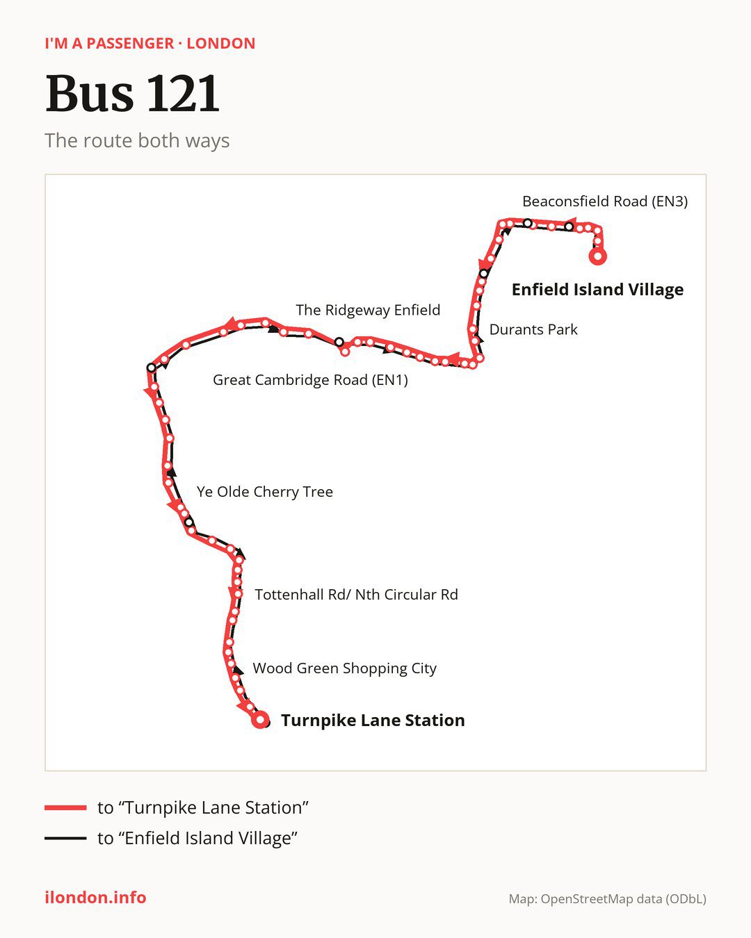 Bus route 121 in London on the map: the route both ways