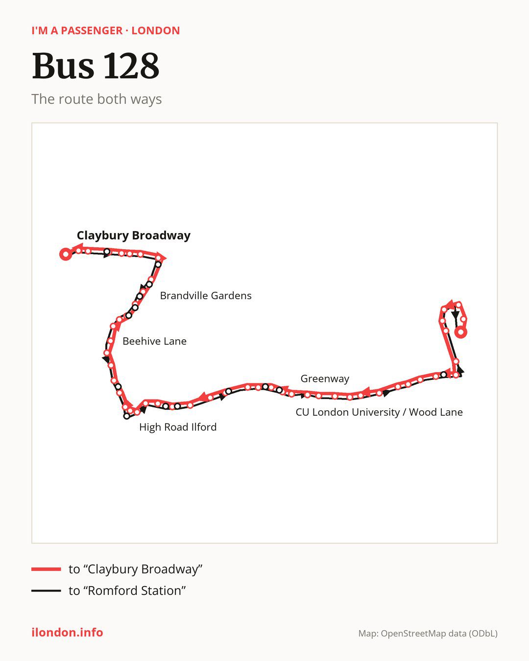 Bus route 128 in London on the map: the route both ways