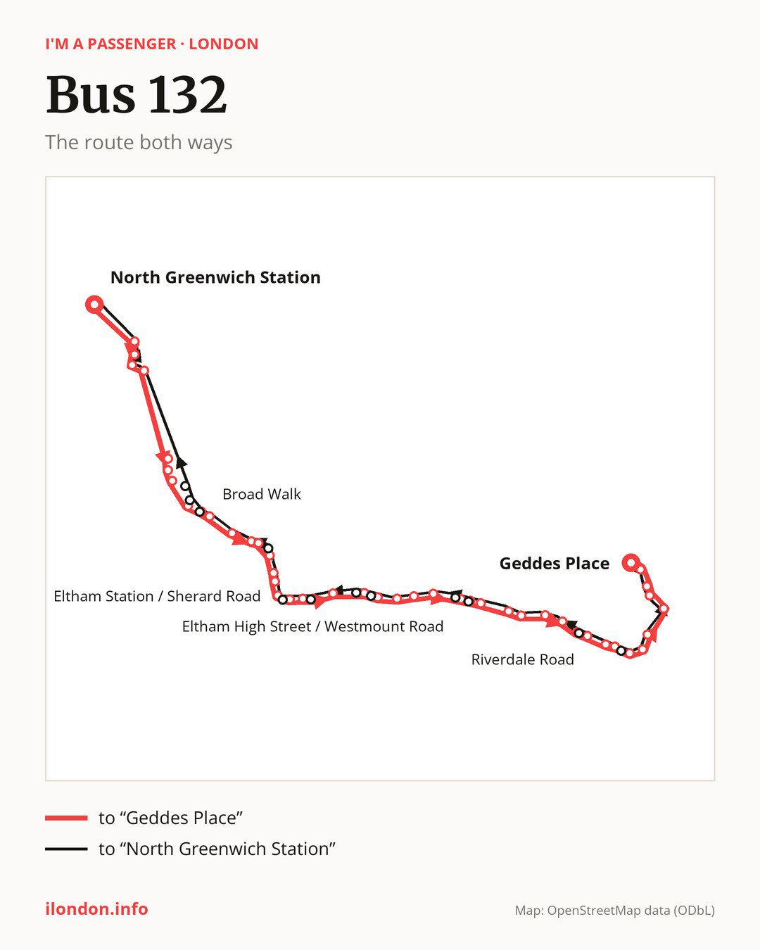 Bus route 132 in London on the map: the route both ways