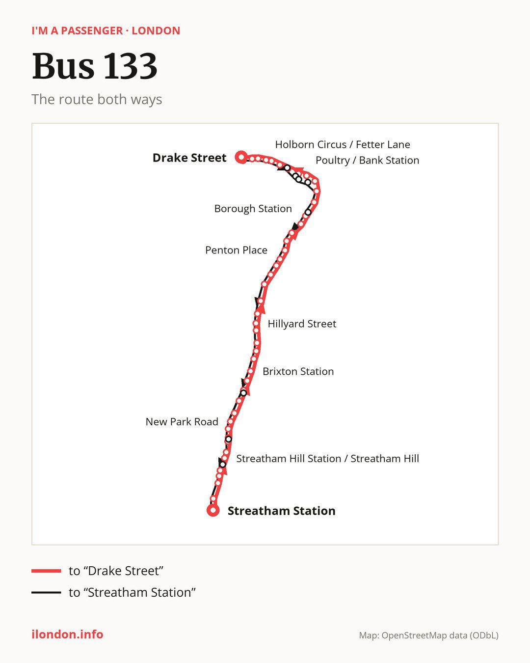 Bus route 133 in London on the map: the route both ways