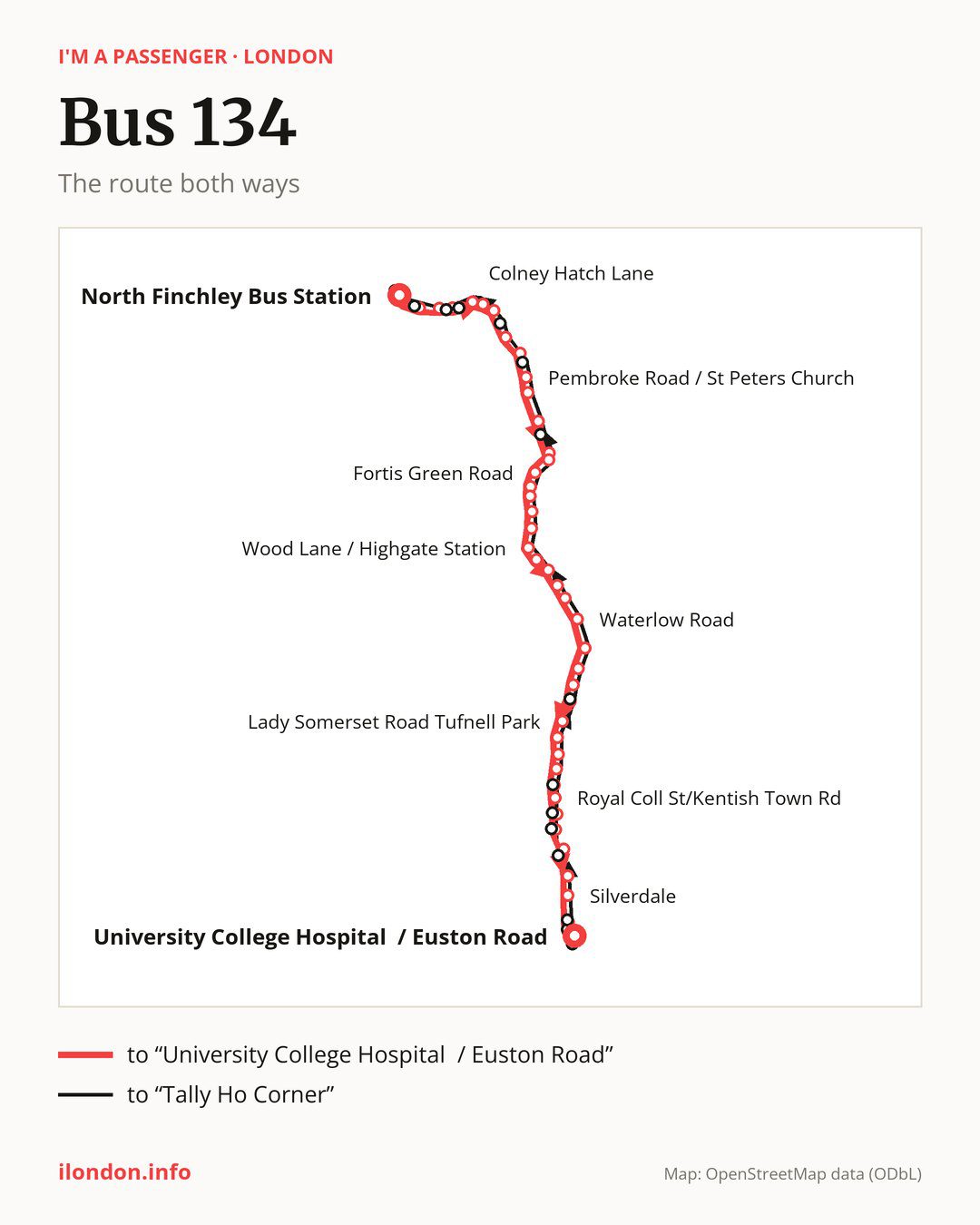 Bus route 134 in London on the map: the route both ways