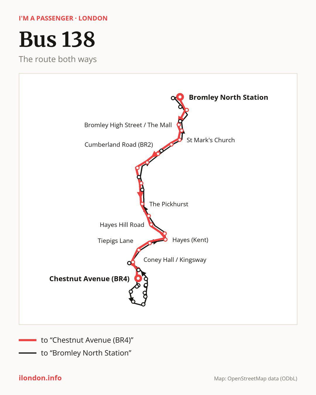 Bus route 138 in London on the map: the route both ways