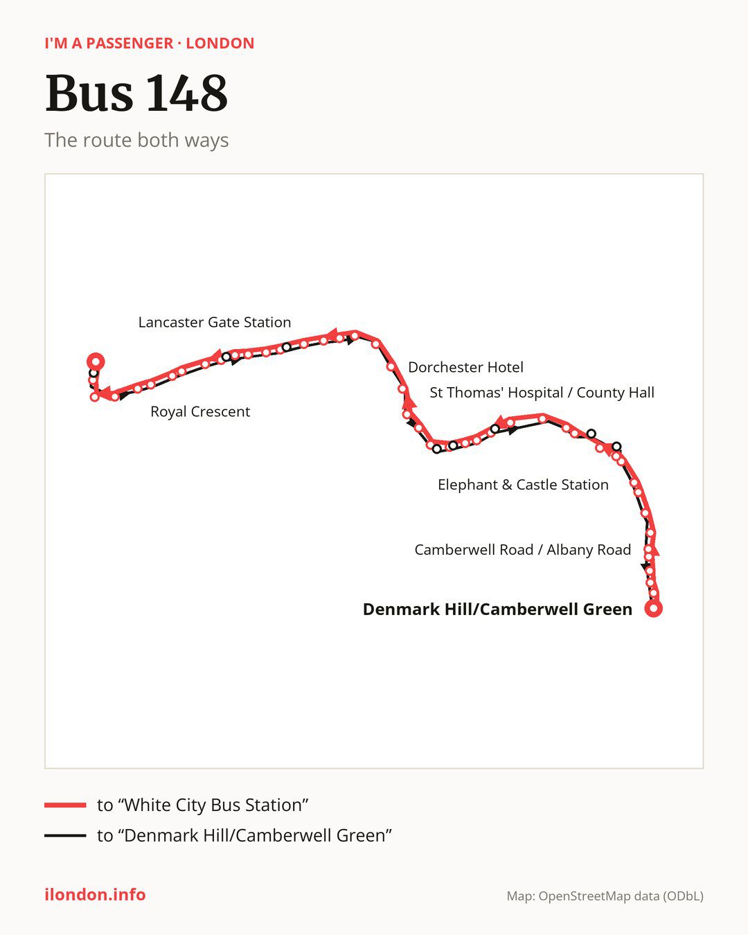Bus route 148 in London on the map: the route both ways