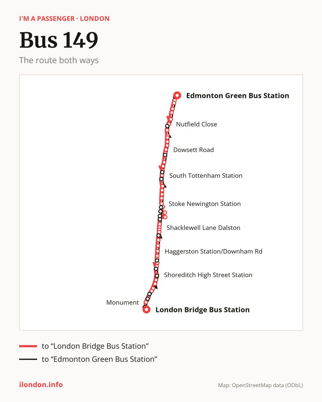 Bus route 149 in London on the map: the route both ways