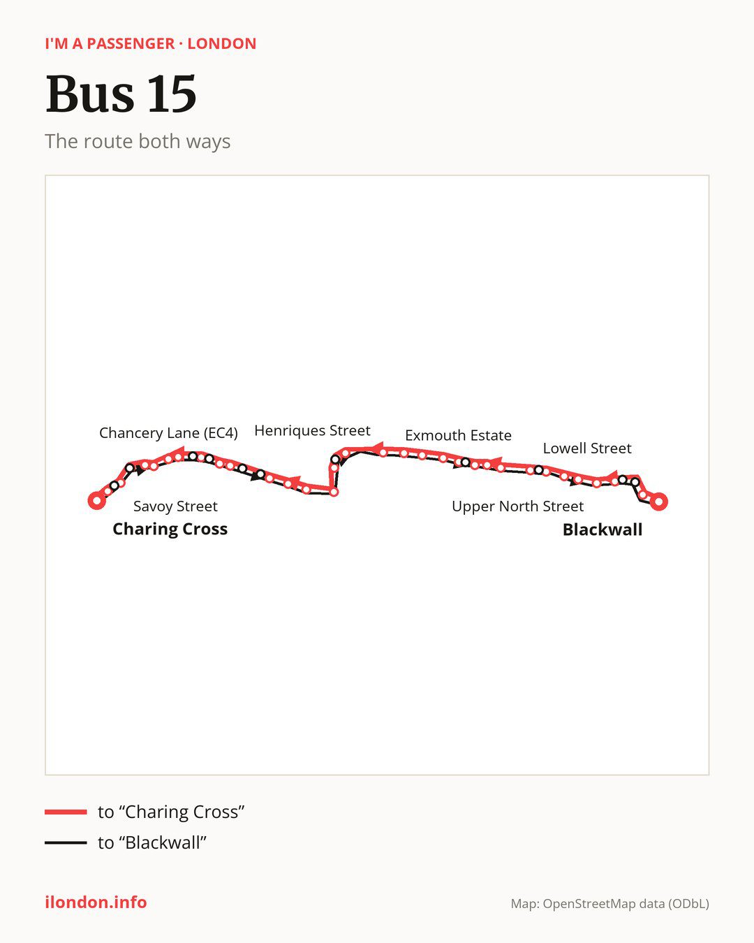 Bus route 15 in London on the map: the route both ways