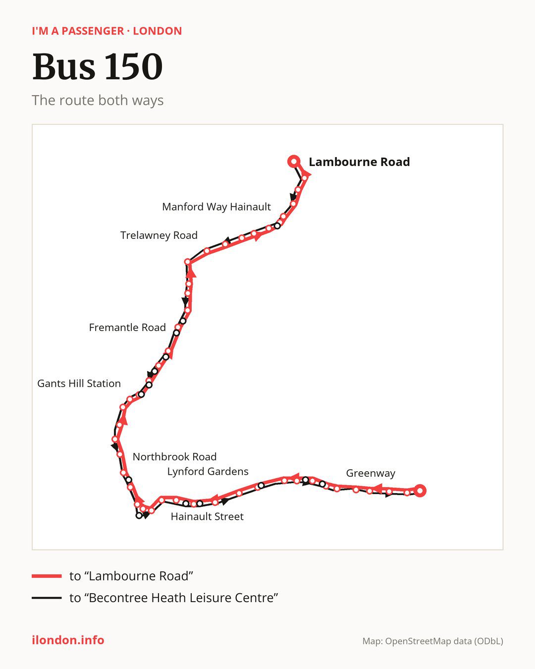 Bus route 150 in London on the map: the route both ways