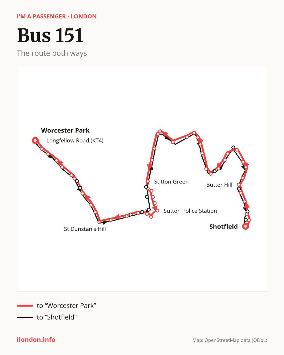 Bus route 151 in London on the map: the route both ways