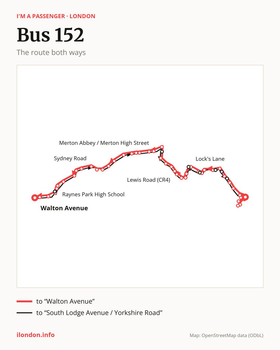 Bus route 152 in London on the map: the route both ways