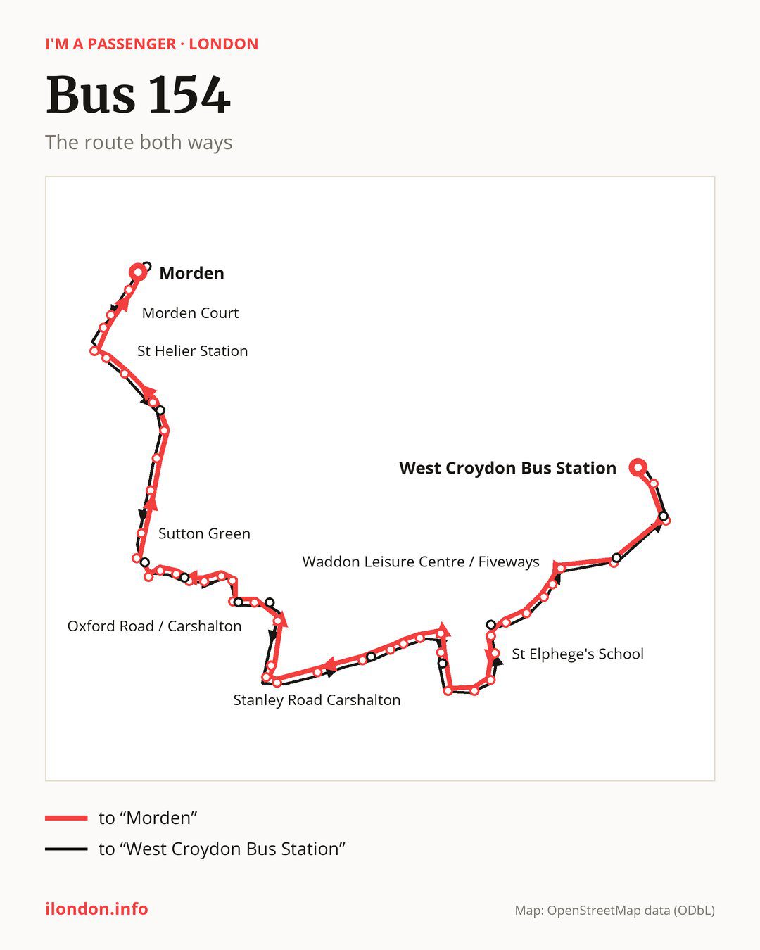 Bus route 154 in London on the map: the route both ways