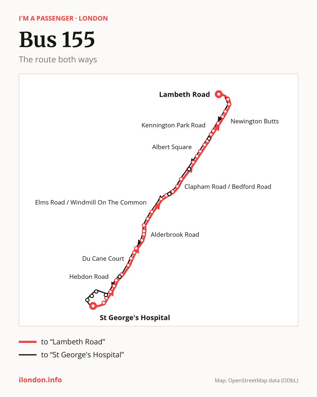 Bus route 155 in London on the map: the route both ways