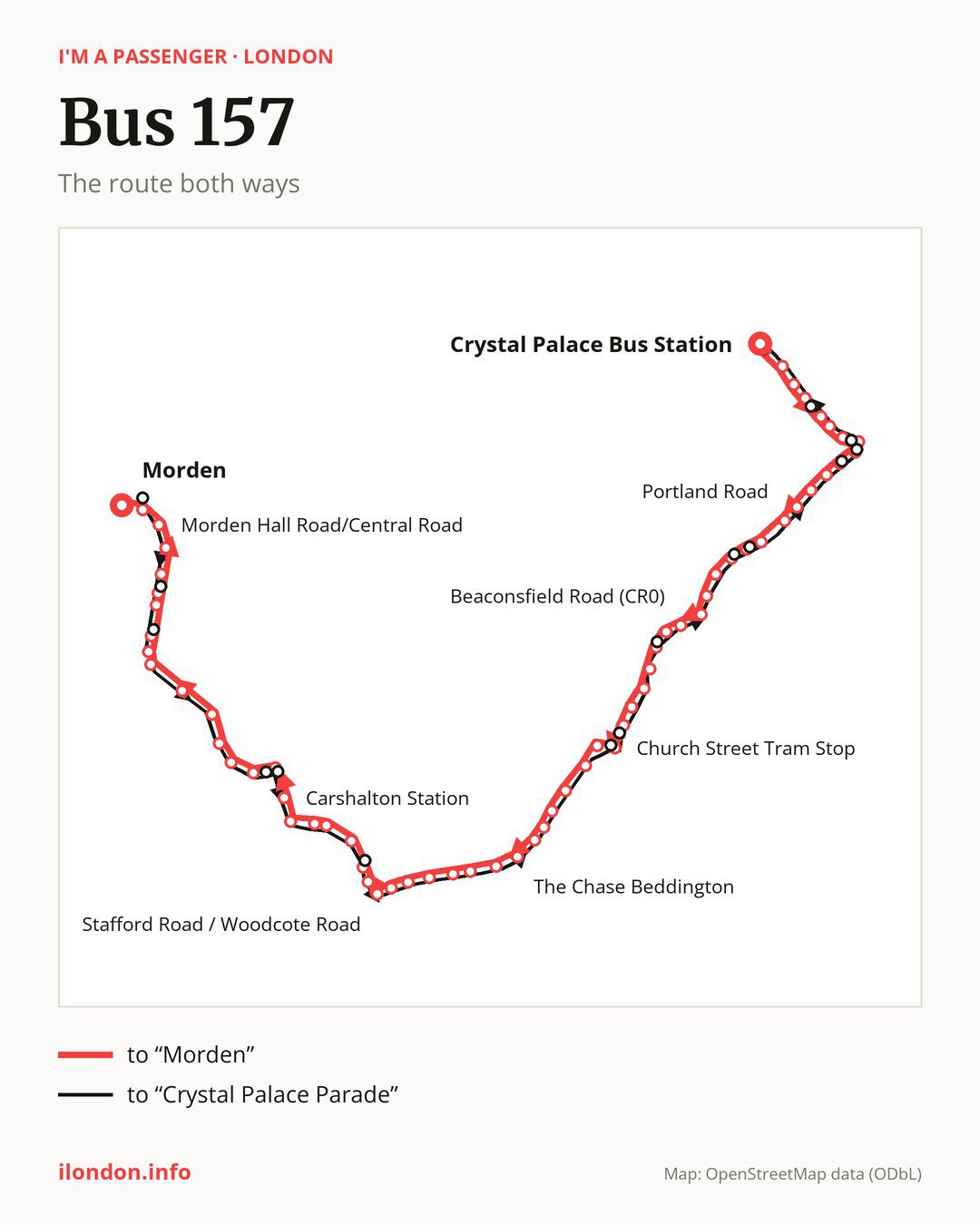 Bus route 157 in London on the map: the route both ways