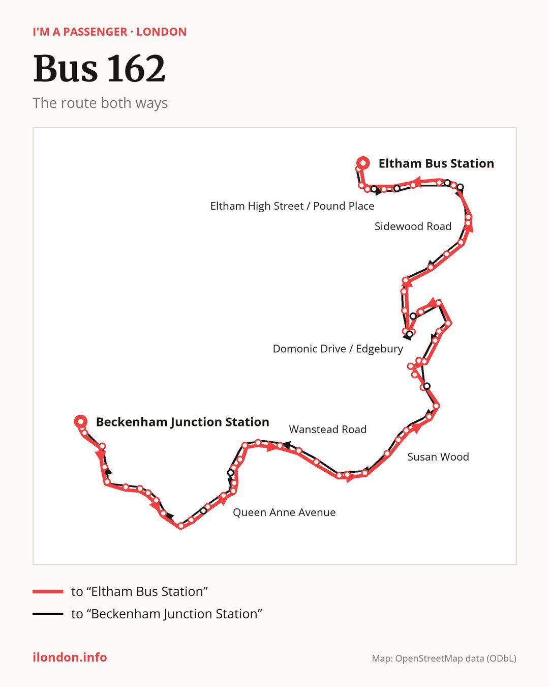 Bus route 162 in London on the map: the route both ways