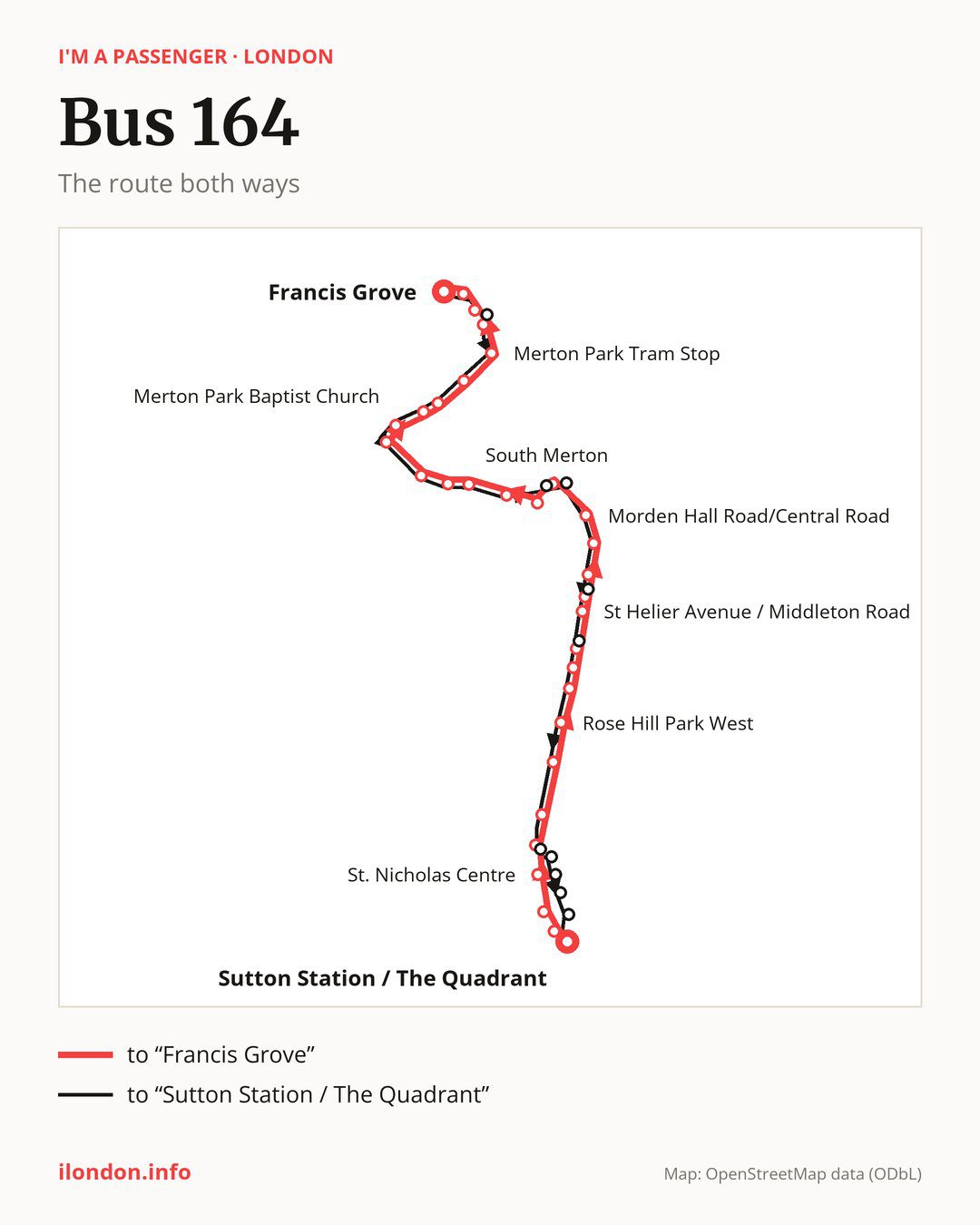 Bus route 164 in London on the map: the route both ways