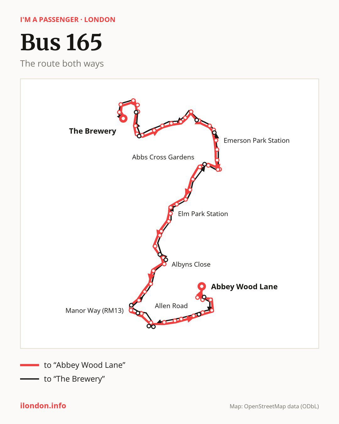 Bus route 165 in London on the map: the route both ways