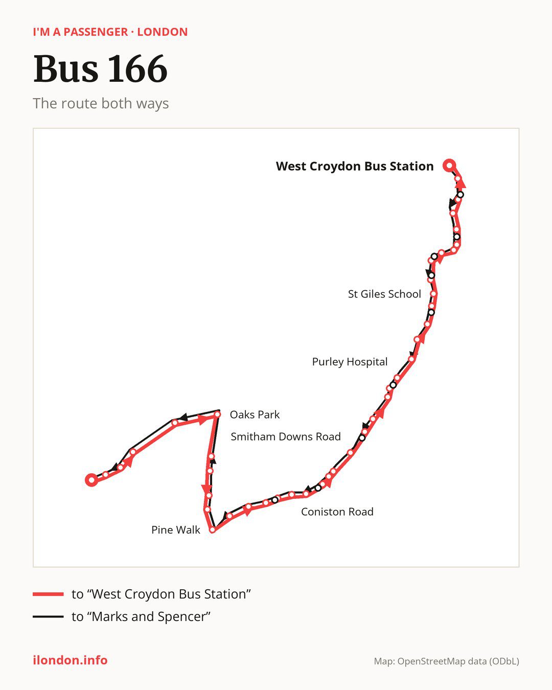 Bus route 166 in London on the map: the route both ways