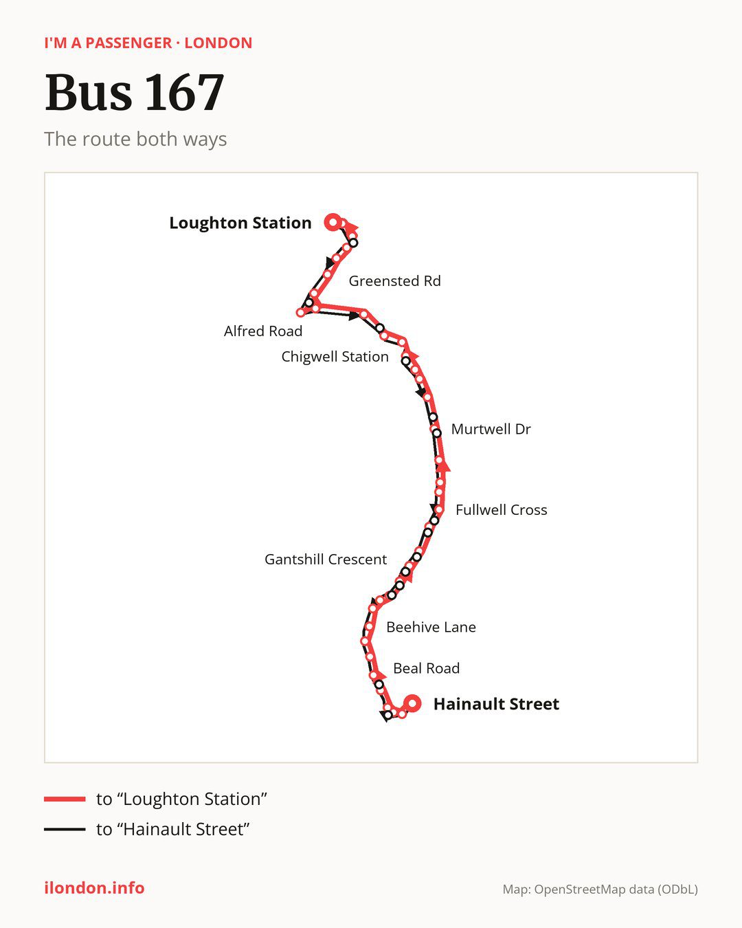 Bus route 167 in London on the map: the route both ways