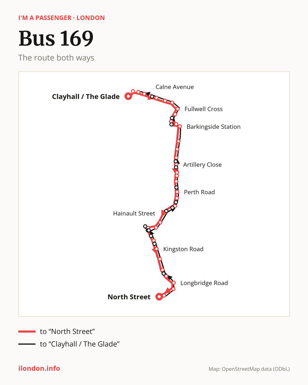 Bus route 169 in London on the map: the route both ways