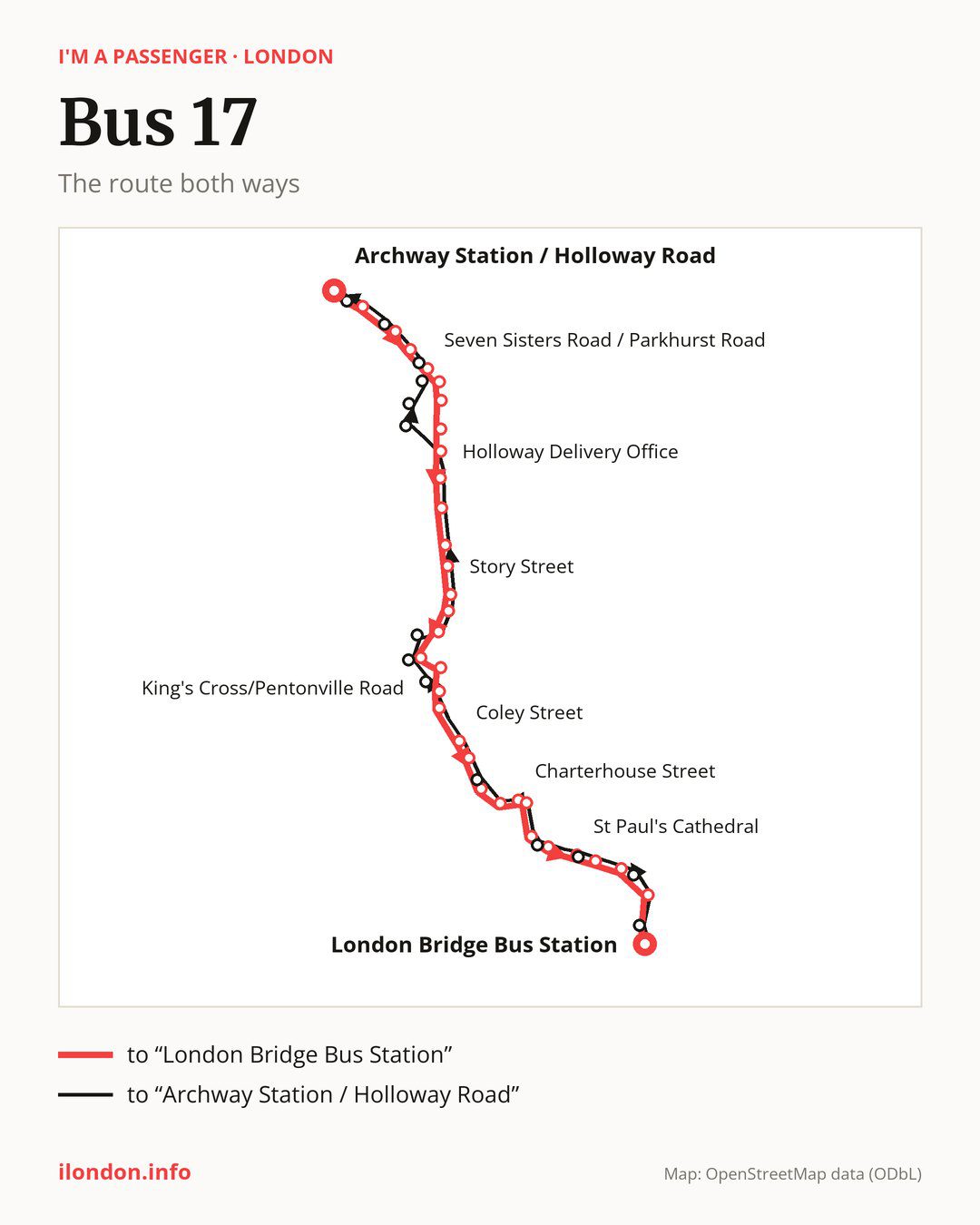 Bus route 17 in London on the map: the route both ways
