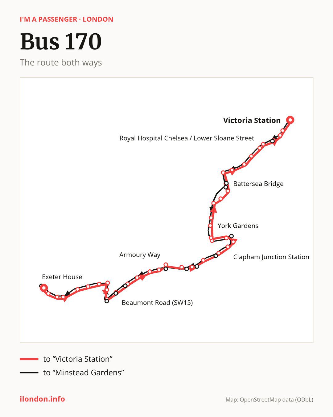 Bus route 170 in London on the map: the route both ways
