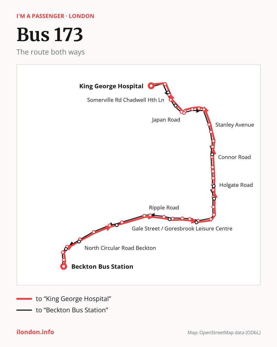 Bus route 173 in London on the map: the route both ways