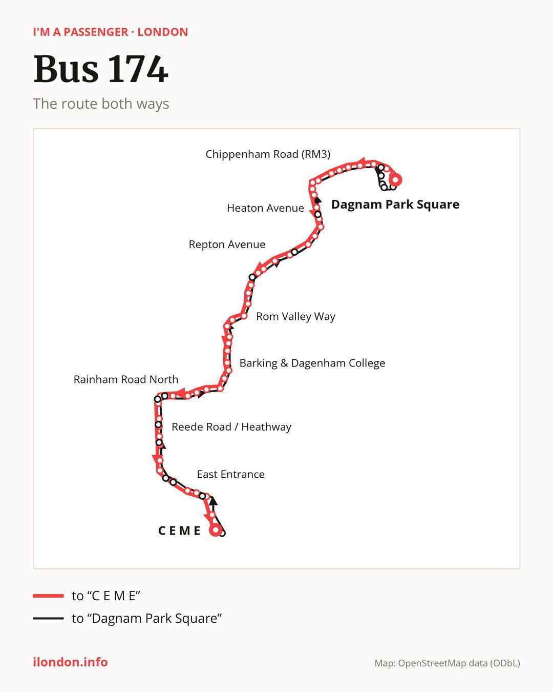 Bus route 174 in London on the map: the route both ways