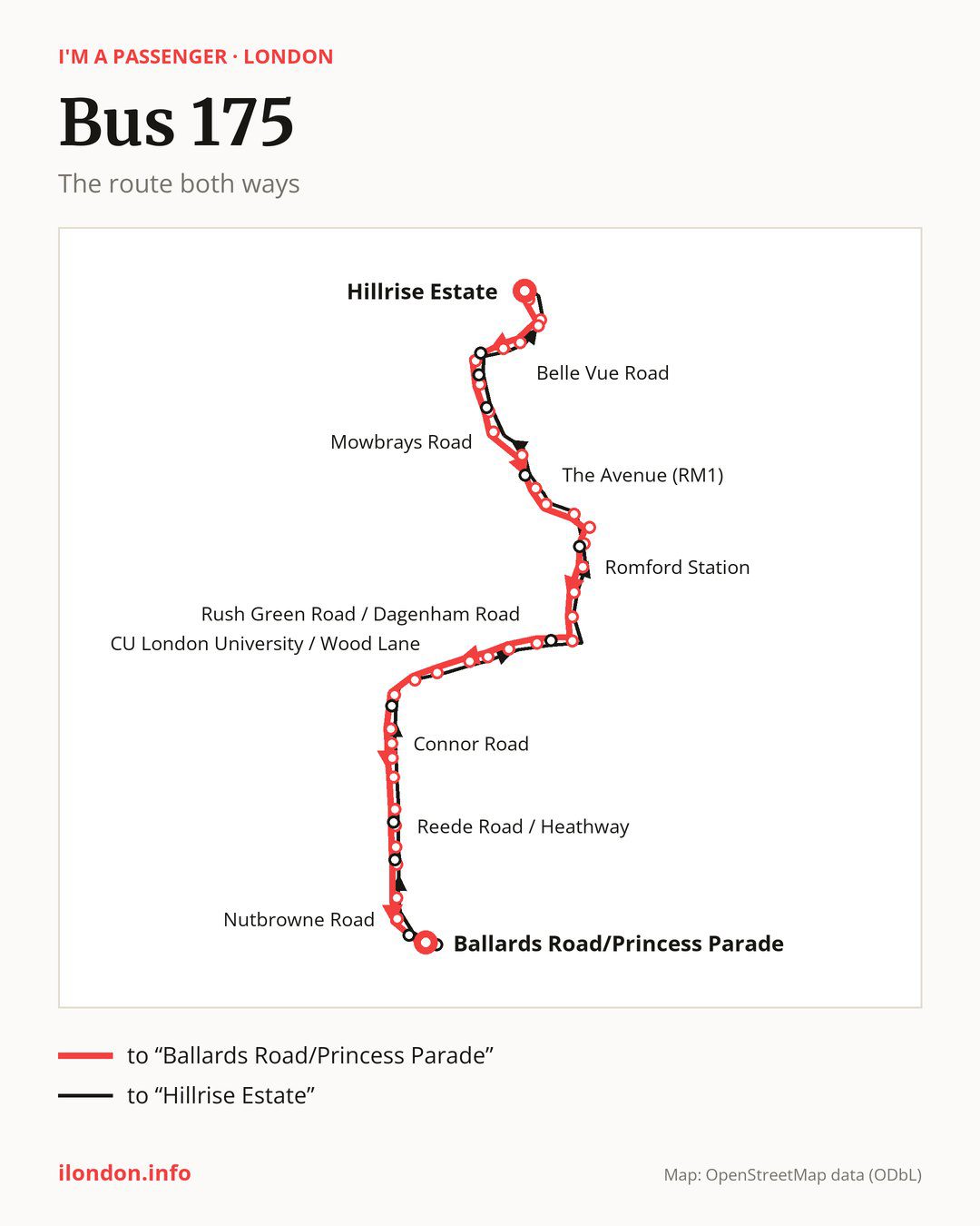 Bus route 175 in London on the map: the route both ways