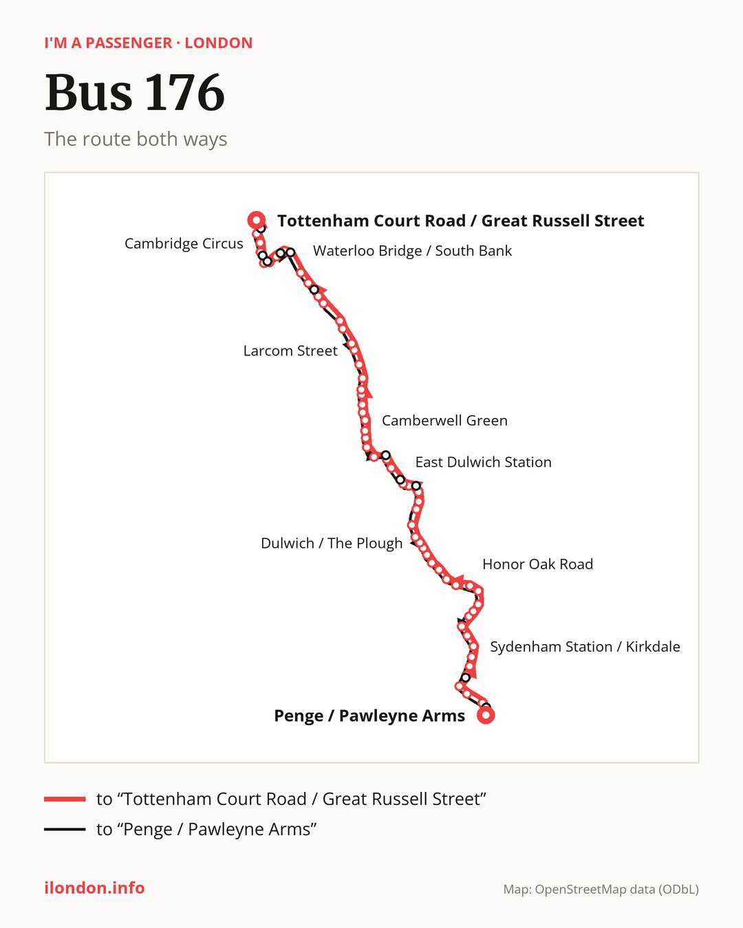 Bus route 176 in London on the map: the route both ways