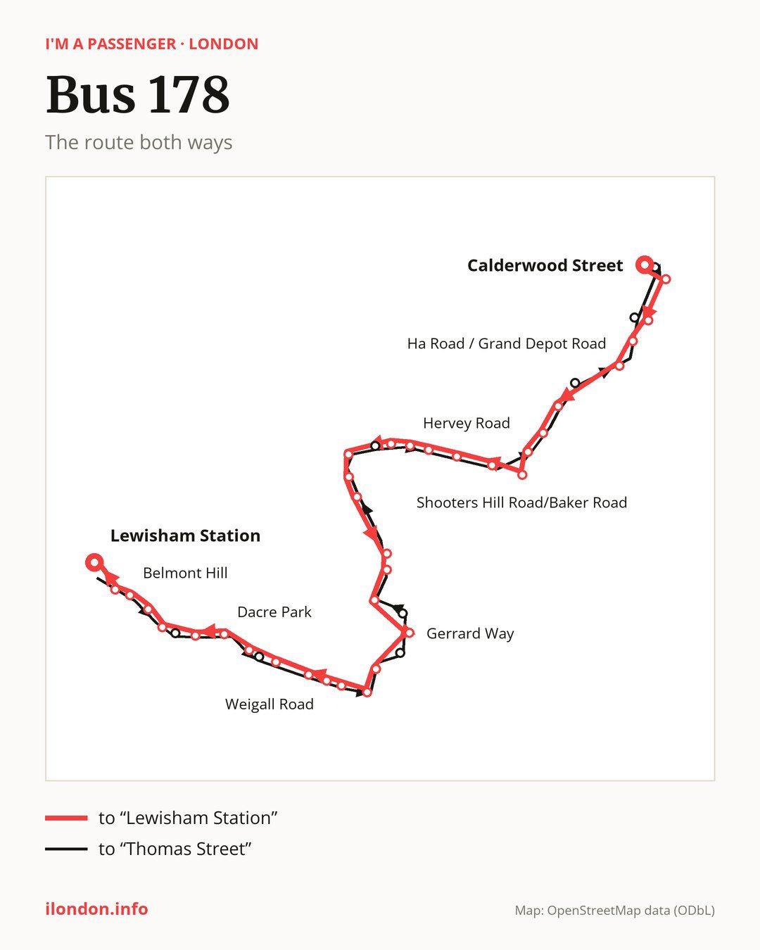 Bus route 178 in London on the map: the route both ways