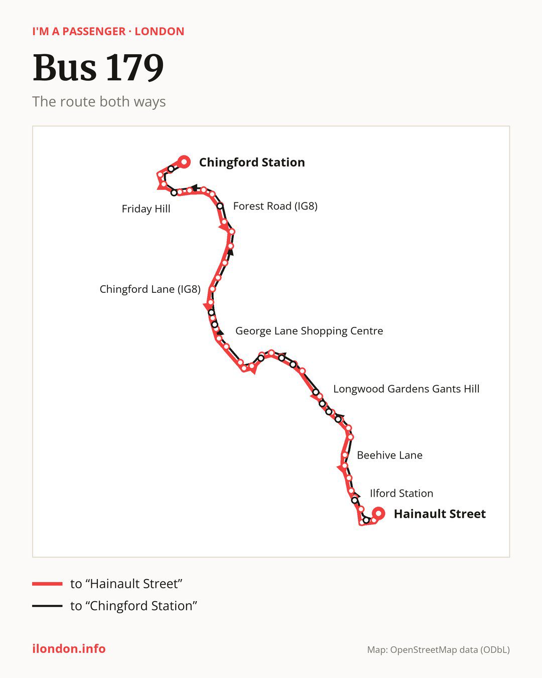 Bus route 179 in London on the map: the route both ways