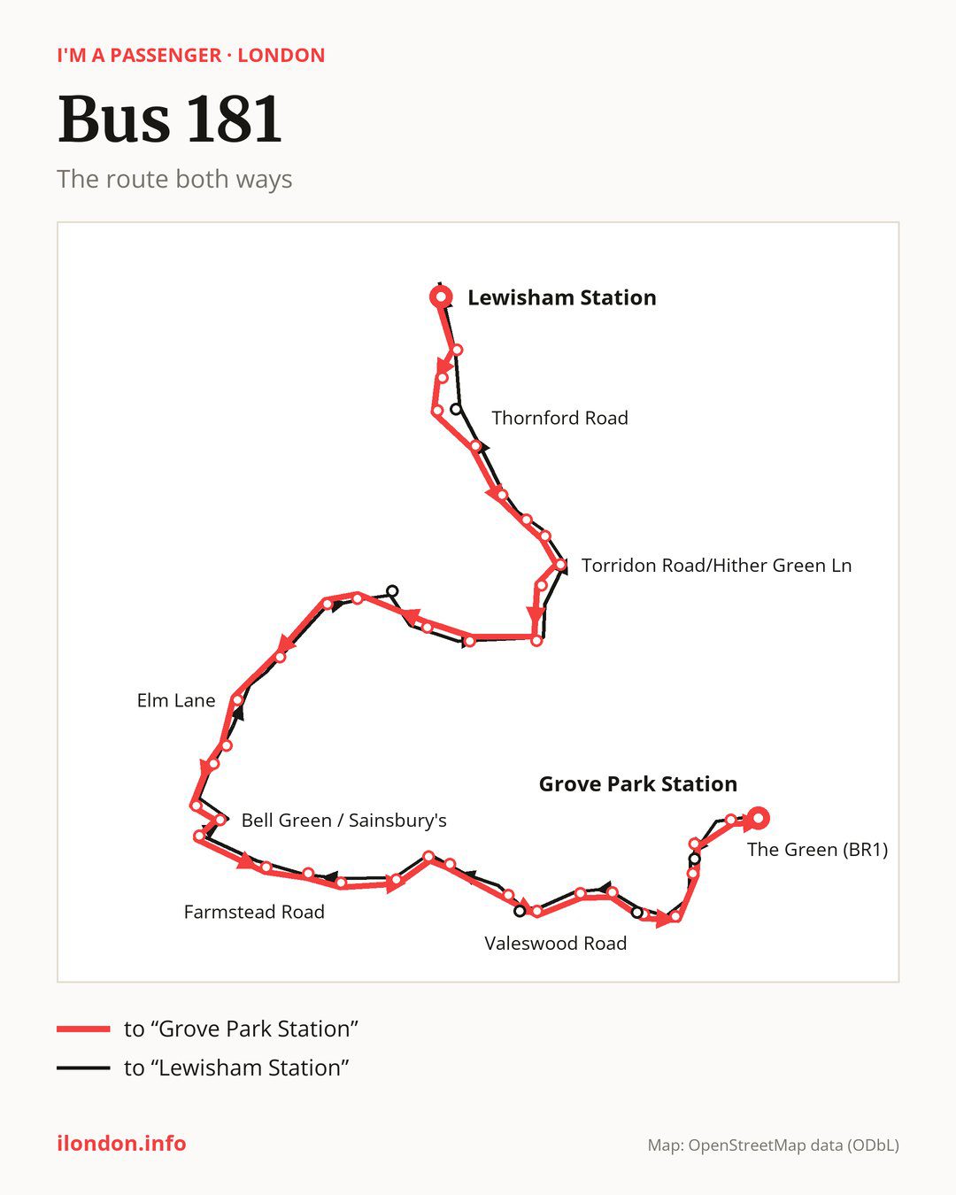 Bus route 181 in London on the map: the route both ways