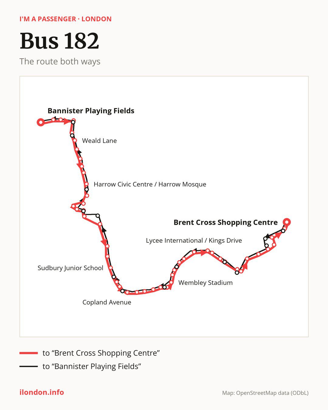 Bus route 182 in London on the map: the route both ways