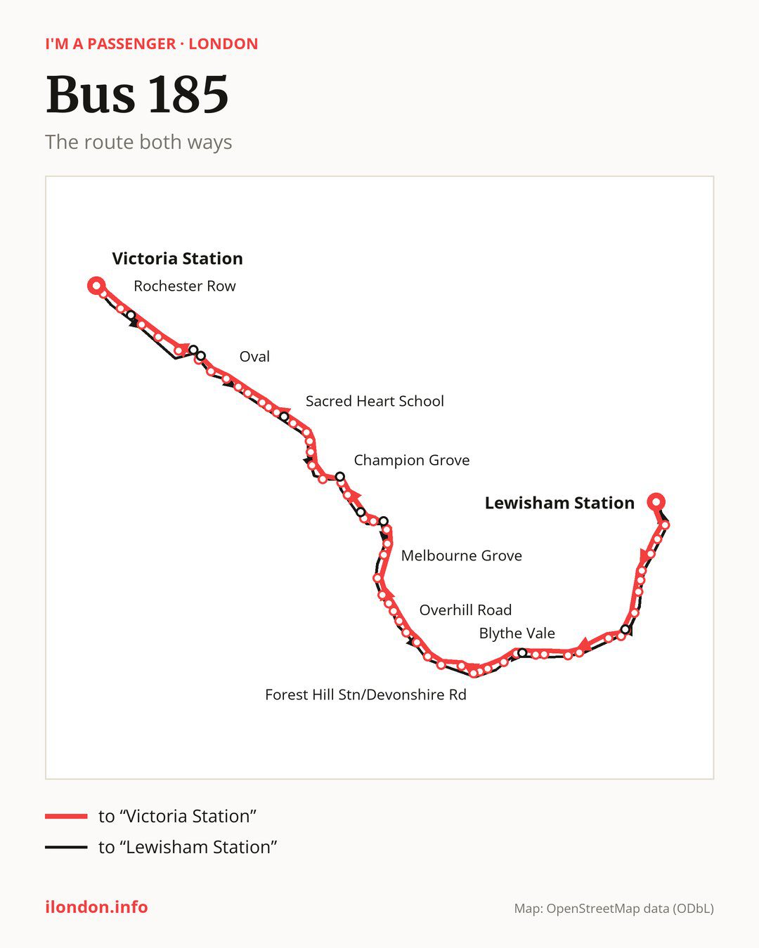 Bus route 185 in London on the map: the route both ways