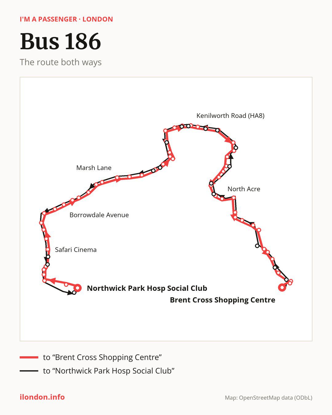 Bus route 186 in London on the map: the route both ways