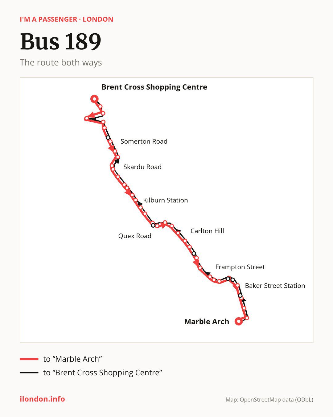 Bus route 189 in London on the map: the route both ways