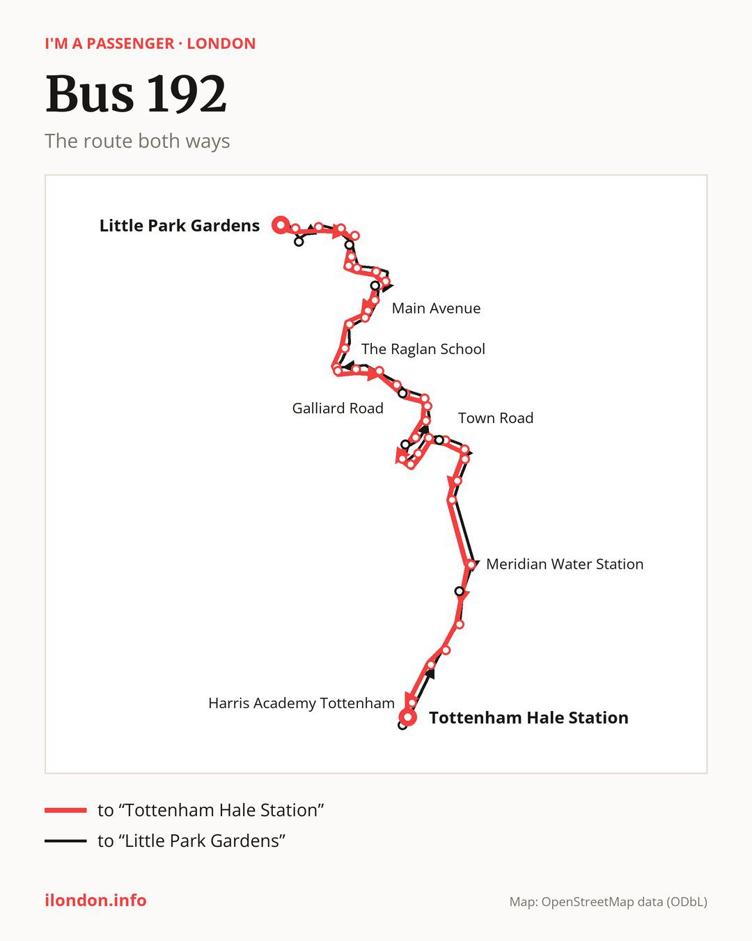 Bus route 192 in London on the map: the route both ways