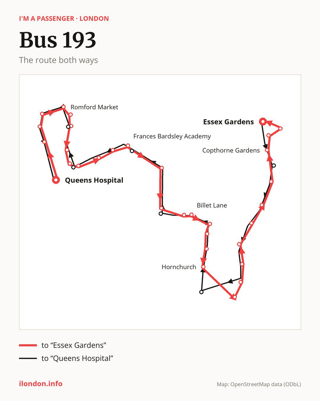 Bus route 193 in London on the map: the route both ways