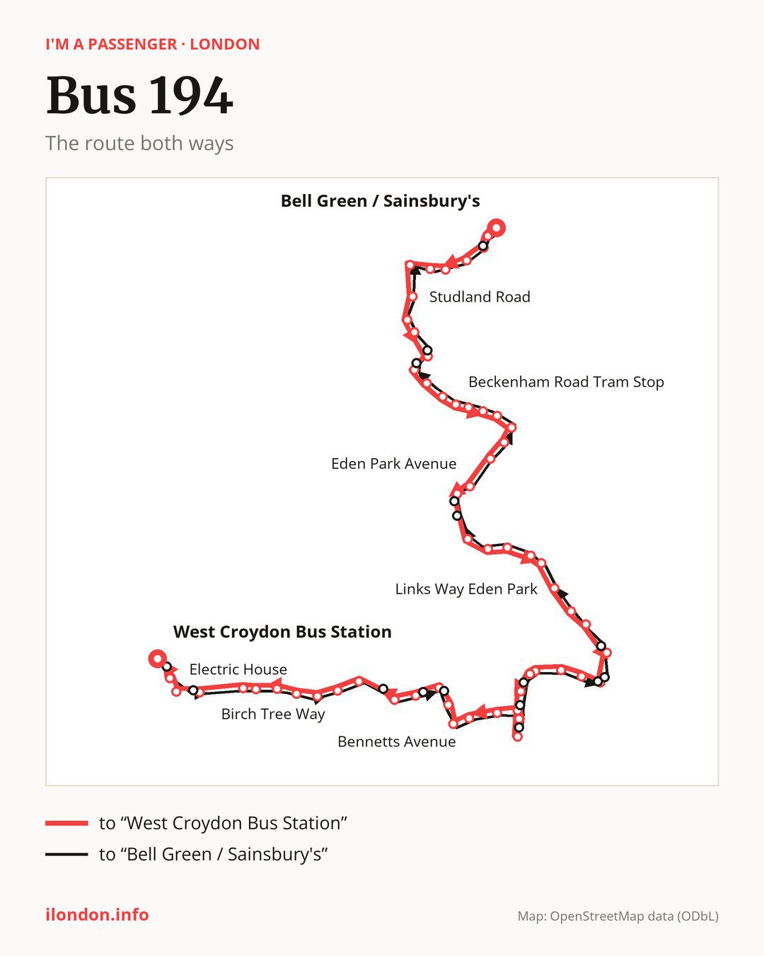 Bus route 194 in London on the map: the route both ways
