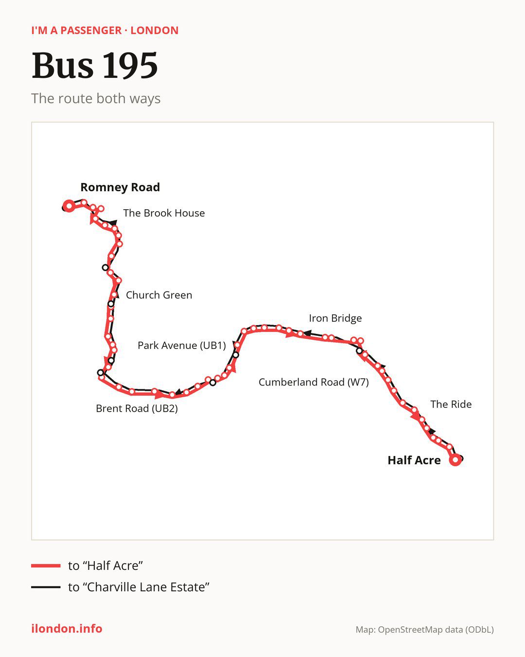 Bus route 195 in London on the map: the route both ways